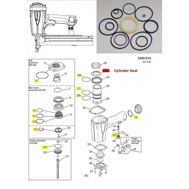 Cylinder Seal 402725 Paslode Stapler 501230 S16/W16 O-Ring Kit